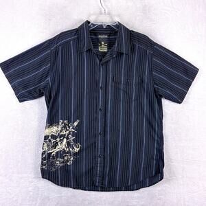 VTG Machine Camp Shirt Mens L Black Blue Stripe Skull Going Out Rock Punk Y2K